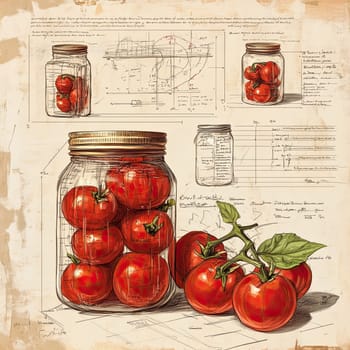This infographic presents a decorative layout featuring jars filled with tomatoes, including preparation methods, preserving techniques, and culinary tips for home cooks.
