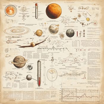The infographic features planets, moons, and key astronomical measurements, along with historical data and illustrations that emphasize their significance in the cosmos.