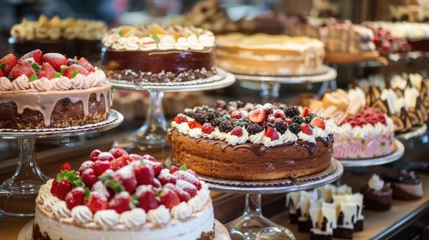 A variety of cakes sits on elegant stands in a bakery, featuring luscious toppings like fresh fruits and cream, all inviting customers to indulge in sweet treats.