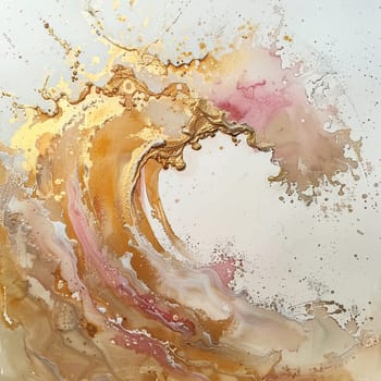 An abstract representation of a wave features swirling shades of pink and gold, creating a dynamic sense of movement and fluidity against a light background.