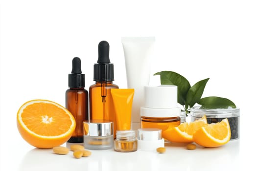 A collection of natural skincare products featuring bottles, jars, and an assortment of citrus fruits. The bright setting highlights the freshness and organic nature of the items.