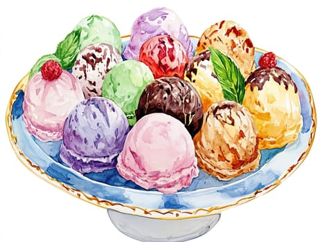 A beautifully arranged platter holds twelve vibrant ice cream scoops in various flavors, showcasing colors like pink, green, purple, and brown, garnished with mint leaves.