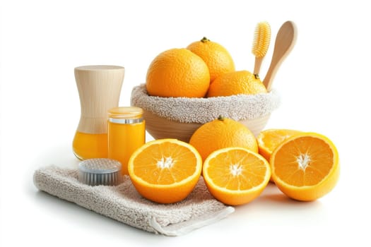 A collection of vibrant oranges is arranged artistically with freshly squeezed juice, a small jar of honey, and kitchen utensils, promoting healthy living.