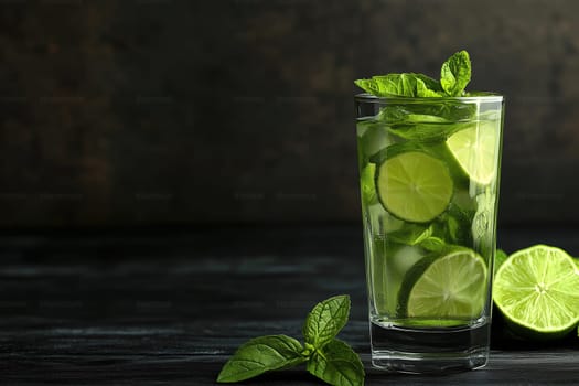 A tall glass filled with mojito features fresh lime slices and mint leaves, creating a refreshing drink on a dark, textured surface.