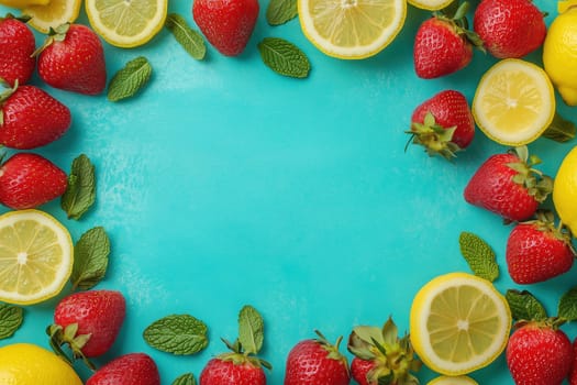 A colorful arrangement features ripe strawberries and bright lemons accented with fresh mint leaves, creating a vibrant summer atmosphere on a blue surface.