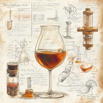 The infographic illustrates various methods and tools used in preparing fine spirits, showcasing a detailed glass of liquor alongside schematics and notes on techniques and equipment.