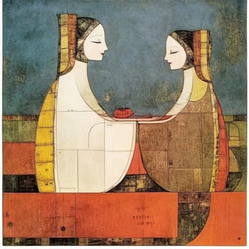 Two women in abstract geometric style are carefully exchanging a gift. The painting uses muted colors and geometric shapes to create a sense of harmony and balance