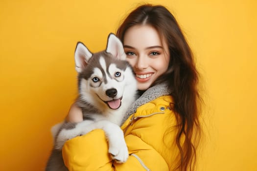A young woman with long hair and a cheerful expression embraces a cute husky puppy. The bright yellow background enhances their joyful interaction, creating a vibrant atmosphere.