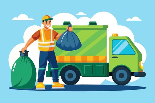 A Day in the Life of a Garbage Collector.A vibrant illustration depicting a garbage collector hard at work, hoisting a heavy bag of trash into a waiting truck. The image captures the essential role these unsung heroes play in keeping our communities clean and healthy. The bold colors and simple lines create a visually striking and memorable piece.