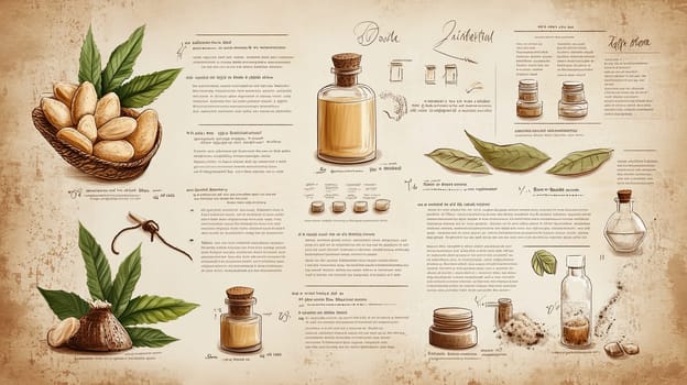 This infographic details various natural ingredients used in skincare, including oils, extracts, and their beneficial properties, along with preparation methods and applications.