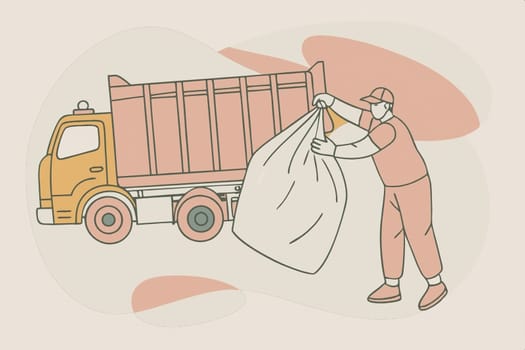 A Day in the Life of a Garbage Collector.A vibrant illustration depicting a garbage collector hard at work, hoisting a heavy bag of trash into a waiting truck. The image captures the essential role these unsung heroes play in keeping our communities clean and healthy. The bold colors and simple lines create a visually striking and memorable piece.
