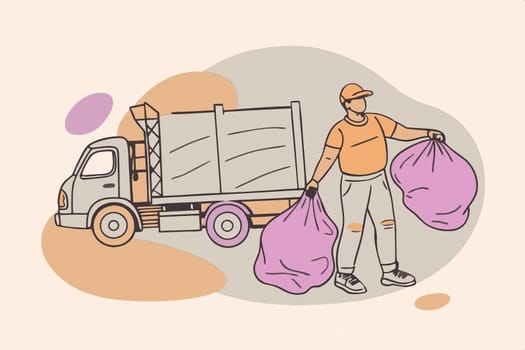 A Day in the Life of a Garbage Collector.A vibrant illustration depicting a garbage collector hard at work, hoisting a heavy bag of trash into a waiting truck. The image captures the essential role these unsung heroes play in keeping our communities clean and healthy. The bold colors and simple lines create a visually striking and memorable piece.