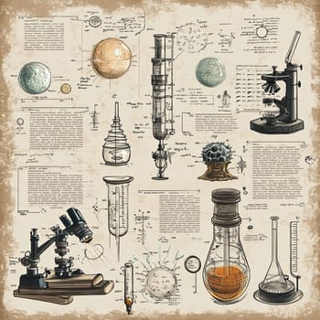 A collection of vintage scientific instruments and illustrations showcases telescopes, microscopes, and various lab equipment, emphasizing the beauty of science and exploration.