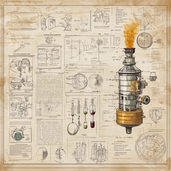 Detailed technical drawings depict a steam engine surrounded by various scientific diagrams and sketches, showcasing its design and operation principles.