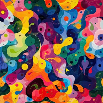 A vivid arrangement of swirling colors and abstract shapes captivates the viewer, blending hues to create a sense of movement and energy throughout the artwork.