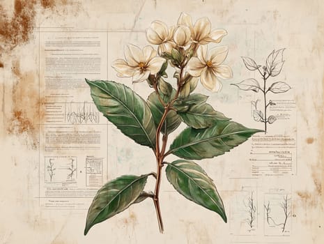 A richly detailed botanical illustration features a flowering plant with large leaves and blossoms, accompanied by scientific notes and sketches on a textured, aged paper backdrop.