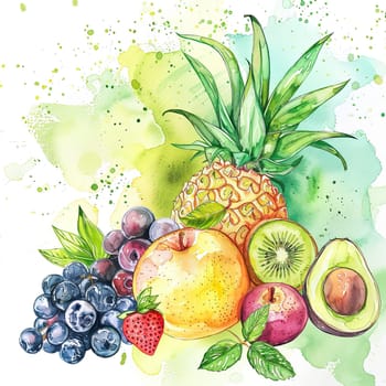 A vibrant watercolor artwork features an assortment of fruits, showcasing a pineapple, grapes, kiwi, avocado, and berries against a lively, colorful backdrop.