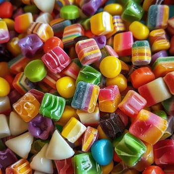 Brightly colored candies fill a bowl, featuring various shapes such as cubes, rounds, and triangles. The array displays vibrant colors that entice and delight.
