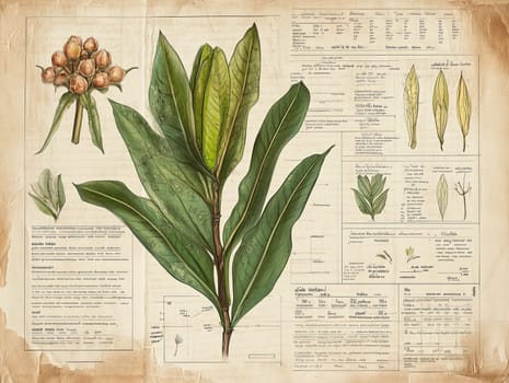 A detailed botanical illustration showcases a plant's leaves and flowers, accompanied by scientific descriptions and classifications on an aged paper background.