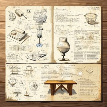 An intricate infographic menu presents a collection of hand-drawn sketches and notes on various scientific instruments, demonstrating innovative ideas and experimentation methods developed over time.