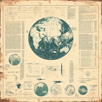 An informative infographic menu presents an intricate world map along with geographical data, charts, and historical references, focusing on global regions and features.