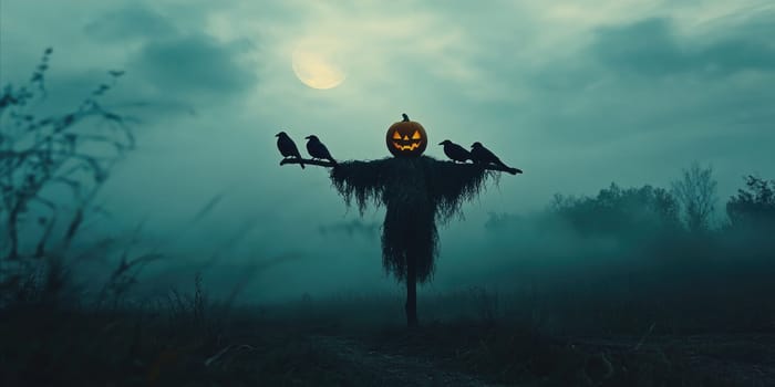 Spooky scarecrow in halloween fog with glowing pumpkin head under moonlit sky.