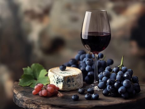 Elegant wine and cheese arrangement with grapes in rustic setting.