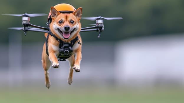 happy dog flying on drone with helmet, showcasing joy and adventure.