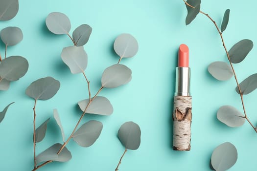 A coral lipstick stands upright amidst strategically placed eucalyptus leaves, showcasing a modern, natural aesthetic on a soft blue surface.