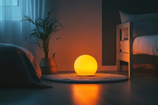 A warm, glowing orb lamp casts gentle light across a cozy bedroom corner filled with soft textures and a lush plant, creating a serene atmosphere.