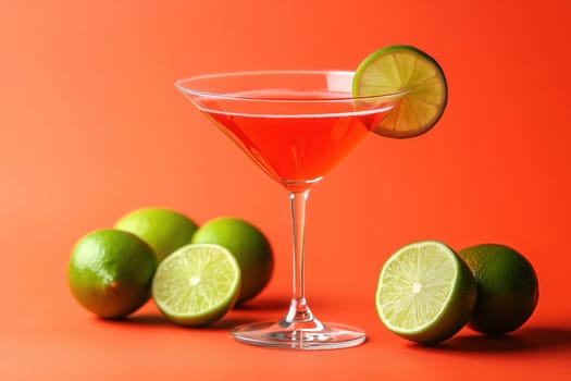 A vibrant cocktail sits elegantly in a glass, garnished with a slice of lime, accompanied by whole limes on an orange backdrop, perfect for summer parties and celebrations.