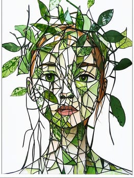 Woman merging with nature made of leaves and vines, symbolizing the interconnectedness of humans and the natural world