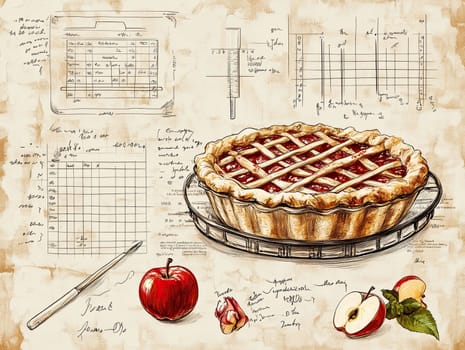 This infographic presents a unique menu showcasing a homemade apple pie recipe, complete with related charts, notes, and an appealing visual of the pie, all set against a rustic background.