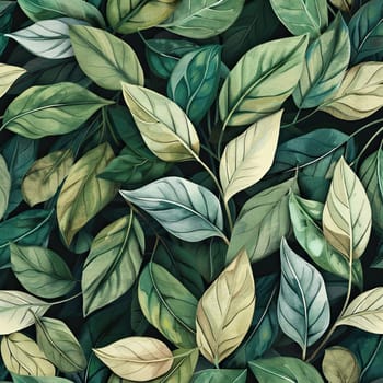 The picture features a rich assortment of leaves intricately layered together, showcasing their diverse colors, shapes, and textures against a dark backdrop.