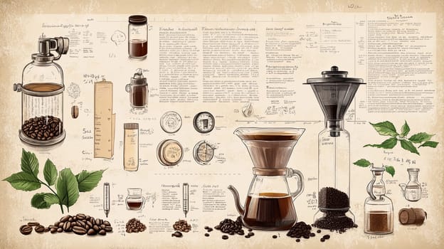 This infographic provides an overview of coffee brewing techniques, showcasing different equipment used from various regions over time, alongside interesting historical facts.