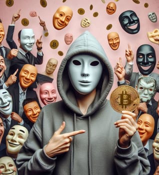 A man in a mask holding a Bitcoin coin. The man is surrounded by other people in masks