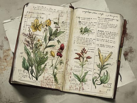 This botanical journal reveals detailed illustrations of wildflowers alongside handwritten notes on their characteristics and growth environments.