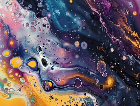 Swirling patterns of vibrant colors create a rich abstract composition evoking a cosmic scene, blending deep blues, radiant oranges, and luminous purples.