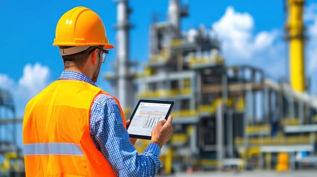 Engineer with digital tablet monitoring fuel processes at industrial site.