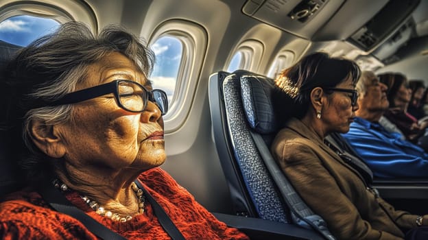 Senior woman sleeping comfortably in her seat during a long flight, enjoying the sunshine coming through the window