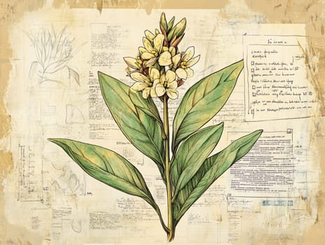 A beautifully illustrated flowering plant stands prominently against a backdrop filled with sketches and handwritten notes, showcasing its botanical importance and research context.