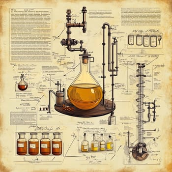 This infographic illustrates a vintage laboratory setup, featuring various glassware, chemical reactions, and detailed notes on each component, capturing the essence of scientific exploration.