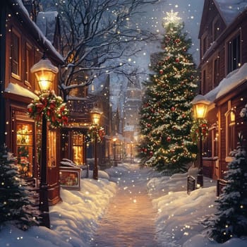 A charming street lined with festive lights and decorations is covered in a blanket of snow. A beautifully lit Christmas tree stands tall, enhancing the winter atmosphere.