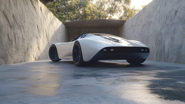 Sleek white sportscar parked in a modern garage, embodying speed, power, wealth, and aspiration