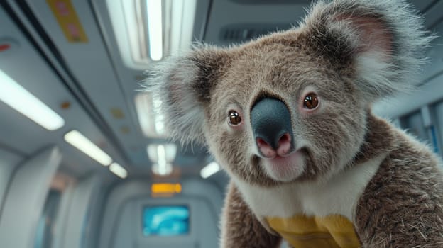 cute koala exploring futuristic space environment, full of wonder.