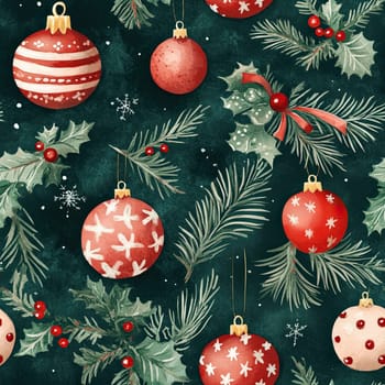 Vibrant Christmas ornaments in red and gold hang among holly leaves and pine branches, set against a dark background that enhances the festive atmosphere.