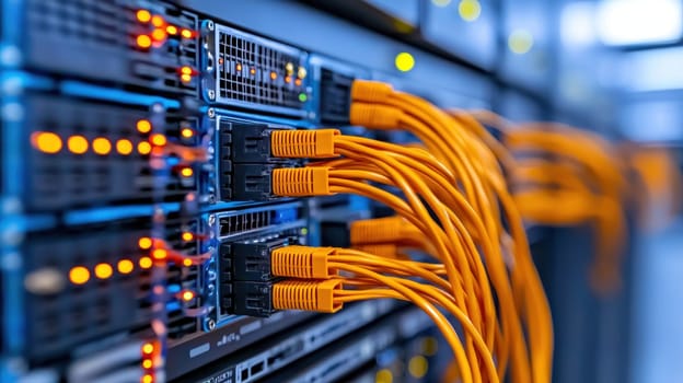 High tech server room with vibrant orange cables and glowing lights.