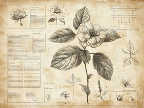 A beautifully detailed botanical illustration features a flowering plant with leaves and buds, accompanied by sketches and scientific notes, all on aged paper.