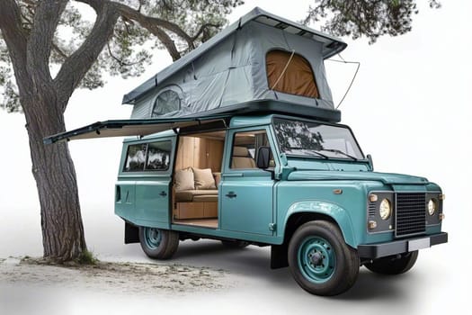 4x4 offroad vehicle is parked on a white background with a rooftop tent deployed. The modern camper van is parked near a tree