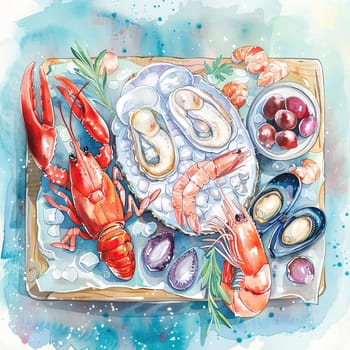 This seafood platter showcases a vibrant array of lobster, shrimp, oysters, and mussels resting on ice, garnished with herbs, perfect for sharing at any summer gathering.